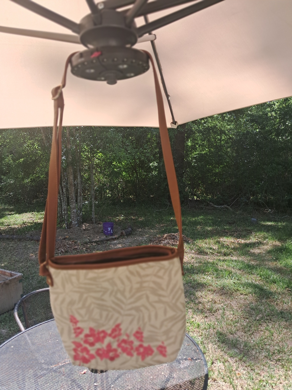 Cream Floral Crossbody Bag with Brown Strap